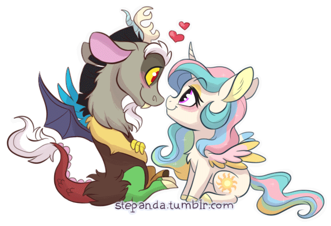 Size: 659x450 | Tagged: safe, artist:stepandy, character:discord, character:princess celestia, species:alicorn, species:draconequus, species:pony, ship:dislestia, animated, chibi, cute, cutelestia, discute, female, gif, looking at each other, male, mare, missing accessory, shipping, simple background, smiling, stallion, straight, transparent background