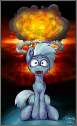 Size: 1202x1960 | Tagged: safe, artist:cafecomponeis, oc, oc only, oc:silicon chip (kaperon), species:crystal pony, species:pony, boom, explosion, mind blown, mushroom cloud, nuclear, poster, smoke, solo
