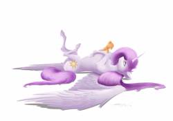 Size: 5000x3500 | Tagged: safe, artist:skitsroom, character:princess celestia, species:alicorn, species:pony, g4, absurd resolution, cutie mark, female, horn, mare, on back, pink-mane celestia, simple background, solo, solo female, spread wings, teddy bear, white background, wings