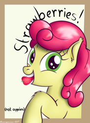 Size: 1068x1463 | Tagged: safe, artist:bluemeganium, character:strawberry sunrise, species:pony, episode:honest apple, g4, my little pony: friendship is magic, female, food, mouth hold, smiling, solo, strawberry, strawberry savage, that pony sure does love strawberries