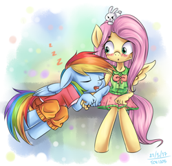Size: 1550x1500 | Tagged: source needed, safe, artist:tcn1205, character:angel bunny, character:fluttershy, character:rainbow dash, species:anthro, ship:flutterdash, anatomically incorrect, blushing, clothing, cute, dashabetes, drool, female, incorrect leg anatomy, lesbian, shipping, shyabetes, skirt, sleeping