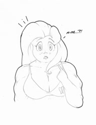Size: 976x1280 | Tagged: safe, artist:zacharyisaacs, character:fluttershy, species:anthro, bra, breasts, cleavage, clothing, cutie mark underwear, female, monochrome, muscles, muscleshy, open mouth, pecs, simple background, solo, surprised face, underwear, white background