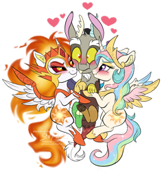 Size: 1024x1083 | Tagged: safe, artist:stepandy, character:daybreaker, character:discord, character:princess celestia, species:alicorn, species:draconequus, species:pony, ship:dislestia, episode:a royal problem, g4, my little pony: friendship is magic, blushing, chibi, crown, cute, cutelestia, diabreaker, disbreaker, discute, duality, ear fluff, female, heart, helmet, jewelry, male, mare, regalia, scrunchy face, shipping, simple background, smiling, spread wings, squishy cheeks, straight, transparent background, watermark, wings