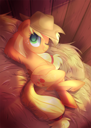 Size: 1000x1400 | Tagged: dead source, safe, artist:drawntildawn, character:applejack, species:earth pony, species:pony, clothing, colored pupils, cowboy hat, crossed legs, female, green eyes, hat, hay, looking at you, lying down, mare, on back, one eye closed, smiling, solo, stetson, sunlight, watermark, wink