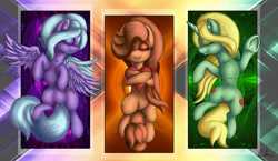 Size: 1515x877 | Tagged: safe, artist:cafecomponeis, character:dear darling, character:fond feather, character:swoon song, species:earth pony, species:pegasus, species:pony, species:unicorn, episode:hard to say anything, g4, my little pony: friendship is magic, bimbettes, eyes closed, female, heart, mare, smiling, trio, trio female, underhoof