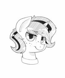 Size: 1192x1417 | Tagged: safe, artist:trickydick, oc, oc only, oc:lilith, species:pony, bust, freckles, looking at you, monochrome, portrait, simple background, solo, white background