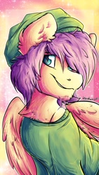 Size: 720x1280 | Tagged: safe, artist:iroxykun, character:fluttershy, species:pegasus, species:pony, alternate hairstyle, alternate universe, beanie, butterscotch, chest hair, clothing, facial hair, hat, male, off shoulder, rule 63, solo, stallion, sweater, sweatershy, wings