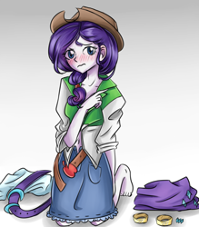 Size: 1400x1599 | Tagged: safe, artist:tcn1205, character:rarity, species:human, my little pony:equestria girls, 3:, barefoot, belly button, blushing, clothes swap, clothing, feet, female, frown, gradient background, humanized, implied applejack, implied lesbian, implied rarijack, implied shipping, looking at you, pony coloring, solo