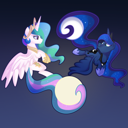 Size: 1000x1000 | Tagged: safe, artist:drawntildawn, character:princess celestia, character:princess luna, species:alicorn, species:pony, duo, female, flying, full moon, gradient background, looking at each other, looking back, mare, moon, prehensile tail, royal sisters, sisters, smiling, spread wings, sun, tail hold, tangible heavenly object, wings