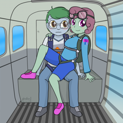 Size: 1500x1500 | Tagged: safe, artist:phallen1, derpibooru original, oc, oc only, oc:software patch, oc:windcatcher, my little pony:equestria girls, aircraft, awkward, blushing, clothing, cramped, equestria girls-ified, glasses, goggles, hand on shoulder, interior, parachute, plane, sitting, sitting on lap, skydiving, windpatch