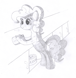 Size: 1600x1648 | Tagged: safe, artist:aafh, character:pinkie pie, species:earth pony, species:pony, cake, candy, female, food, monochrome, solo, traditional art