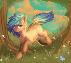 Size: 2250x2000 | Tagged: safe, artist:nightskrill, oc, oc only, species:earth pony, species:pony, art trade, butterfly, female, flower, fluffy, grass, looking at you, mare, owo, solo, tree
