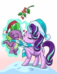 Size: 2718x3507 | Tagged: safe, artist:art-2u, character:spike, character:starlight glimmer, species:dragon, species:pony, species:unicorn, ship:sparlight, christmas, clothing, cute, duo, eyes closed, gradient background, hat, heart, hearth's warming, holiday, holly, holly mistaken for mistletoe, i can't believe it's not idw, interspecies, kissing, levitation, love, magic, male, raised hoof, santa hat, scarf, shared clothing, shared scarf, shipping, snow, straight, telekinesis, winged spike