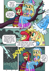 Size: 1755x2554 | Tagged: safe, artist:art-2u, character:apple bloom, character:applejack, episode:for whom the sweetie belle toils, episode:look before you sleep, g4, my little pony: friendship is magic, my little pony:equestria girls, clothing, cloud, comic, dress, female, flower, flower in hair, froufrou glittery lacy outfit, gloves, gown, hat, hennin, high heels, i can't believe it's not idw, jewelry, lightning, necklace, princess, princess hat, rain, sisters, sitting, soaked, tempting fate, thunder, tree, tree branch, unamused, wet, wet clothes, wet hair