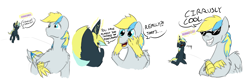 Size: 2784x890 | Tagged: safe, artist:testostepone, oc, oc only, oc:cirrus sky, oc:electro current, species:hippogriff, species:pony, cirrent, colored, comic, dialogue, pun, sunglasses
