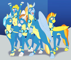 Size: 3900x3300 | Tagged: safe, artist:foxenawolf, character:fire streak, character:lightning streak, character:misty fly, character:spitfire, character:surprise, species:pony, fanfic:piercing the heavens, clothing, fanfic art, uniform, wonderbolts, wonderbolts uniform