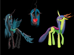 Size: 5395x4023 | Tagged: safe, artist:mr100dragon100, character:queen chrysalis, species:changeling, species:reformed changeling, absurd resolution, black background, changeling queen, dark, evil, evil grin, former queen chrysalis, future, good, grin, heart, light, purified chrysalis, reformed, simple background, smiling, worry