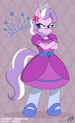 Size: 900x1475 | Tagged: safe, artist:kirrol, artist:ss2sonic, edit, character:diamond tiara, species:anthro, species:unguligrade anthro, angry, annoyed, clothing, color edit, colored, cross-popping veins, crossed arms, cute, cutie mark background, diamondbetes, dress, female, grumpy, pointe, sash, shoes, signature, solo