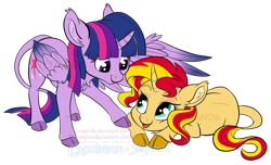 Size: 1024x622 | Tagged: safe, artist:stepandy, character:sunset shimmer, character:twilight sparkle, character:twilight sparkle (alicorn), species:alicorn, species:classical unicorn, species:pony, species:unicorn, cloven hooves, curved horn, cute, duo, female, leonine tail, looking at each other, mare, shimmerbetes, twiabetes, unshorn fetlocks, watermark