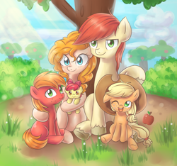 Size: 1496x1400 | Tagged: safe, artist:tcn1205, character:apple bloom, character:applejack, character:big mcintosh, character:bright mac, character:pear butter, species:earth pony, species:pony, ship:brightbutter, episode:the perfect pear, g4, my little pony: friendship is magic, adorabloom, apple, apple family, apple tree, applejack's parents, baby apple bloom, clothing, colt, cute, family, female, filly, hat, hug, jackabetes, male, mare, one eye closed, shipping, sitting, stallion, straight, tree