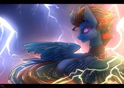 Size: 1024x731 | Tagged: safe, artist:nightskrill, oc, oc only, oc:andrew swiftwing, species:pegasus, species:pony, clothing, costume, discharge, electricity, grin, lightning, looking at you, looking over shoulder, male, mask, smiling, solo, spread wings, stallion, stormcloud, superhero, thunder, wings