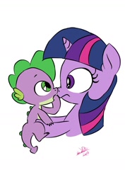 Size: 1000x1414 | Tagged: safe, artist:emositecc, character:spike, character:twilight sparkle, character:twilight sparkle (unicorn), species:dragon, species:pony, species:unicorn, baby, baby dragon, baby spike, boop, cute, female, filly, filly twilight sparkle, looking at each other, male, nose wrinkle, noseboop, signature, simple background, spikabetes, twiabetes, white background, younger