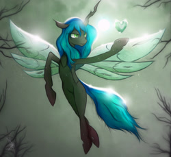 Size: 2356x2160 | Tagged: safe, artist:zidanemina, character:queen chrysalis, species:changeling, changeling queen, female, flying, heart, smiling, solo, spread wings, tree, wings
