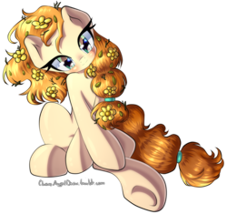 Size: 2200x2070 | Tagged: safe, artist:chaosangeldesu, character:pear butter, species:earth pony, species:pony, episode:the perfect pear, g4, my little pony: friendship is magic, commission, cute, female, flower, flower in hair, mare, pearabetes, simple background, smiling, solo, transparent background