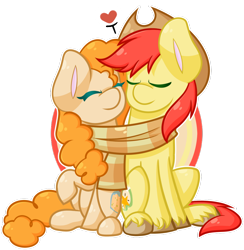 Size: 1024x1050 | Tagged: safe, artist:ak4neh, character:bright mac, character:pear butter, species:earth pony, species:pony, ship:brightbutter, episode:the perfect pear, g4, my little pony: friendship is magic, chibi, clothing, cowboy hat, cute, dialogue, eyes closed, hat, heart, scarf, shared clothing, shared scarf, sharing, shipping, simple background, speech bubble, stetson, transparent background, unshorn fetlocks