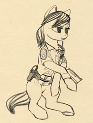 Size: 985x1295 | Tagged: safe, artist:lunebat, species:pony, female, gun, mare, monochrome, police, police officer, police pony, police uniform, sketch, weapon