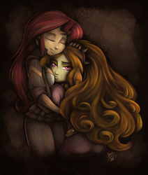Size: 2200x2600 | Tagged: safe, artist:ponut_joe, character:adagio dazzle, character:sunset shimmer, ship:sunsagio, my little pony:equestria girls, adoragio, antagonist, boob smothering, breast pillow, cuddling, cute, eyes closed, female, high res, hug, lesbian, looking at you, petting, shimmerbetes, shipping, smothering