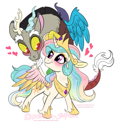 Size: 871x921 | Tagged: safe, artist:stepandy, character:discord, character:princess celestia, species:alicorn, species:draconequus, species:pony, ship:dislestia, blushing, chibi, crown, cute, cutelestia, discute, female, floppy ears, heart, jewelry, looking at each other, male, mare, regalia, shipping, simple background, smiling, spread wings, straight, transparent background, unshorn fetlocks, wings