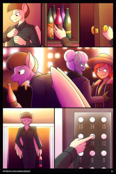 Size: 4200x6300 | Tagged: safe, artist:marik azemus34, character:apple bloom, character:featherweight, character:silver spoon, species:anthro, comic:peeping tom, absurd resolution, alcohol, alternate hairstyle, bun, clothing, comic, cowboy hat, elevator, explicit series, glasses, hat, wine