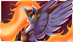 Size: 2924x1676 | Tagged: safe, artist:nexcoyotlgt, character:daybreaker, character:princess celestia, species:alicorn, species:pony, episode:a royal problem, g4, my little pony: friendship is magic, evil grin, female, grin, helmet, looking at you, mare, smiling, solo