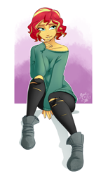 Size: 1600x2600 | Tagged: safe, artist:ponut_joe, character:sunset shimmer, species:human, my little pony:equestria girls, abstract background, adorasexy, alternate hairstyle, beautiful, beautisexy, clothing, cute, female, freckles, hand on chin, leggings, off shoulder, ripped pantyhose, sexy, shimmerbetes, shoes, short hair, smiling, smirk, solo, sweatshirt, uggs