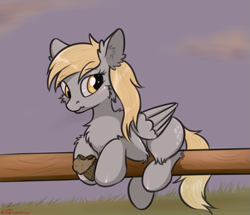 Size: 1171x1008 | Tagged: safe, artist:orang111, character:derpy hooves, species:pegasus, species:pony, balancing, cheek fluff, chest fluff, cute, derp, derpabetes, ear fluff, eating, featured on derpibooru, female, fence, fluffy, food, frown, hoof hold, leg fluff, log, mare, muffin, perch, perching, prone, scrunchy face, signature, solo