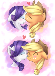 Size: 1197x1657 | Tagged: safe, artist:tcn1205, character:applejack, character:rarity, species:earth pony, species:pony, species:unicorn, ship:rarijack, blushing, cute, eyes closed, female, heart, jackabetes, kissing, lesbian, mare, raribetes, shipping, simple background, smiling