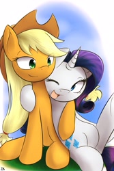 Size: 1280x1920 | Tagged: safe, artist:dshou, character:applejack, character:rarity, species:earth pony, species:pony, species:unicorn, ship:rarijack, duo, female, hug, lesbian, mare, one eye closed, open mouth, shipping, sitting