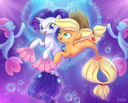 Size: 1760x1419 | Tagged: safe, artist:tcn1205, character:applejack, character:rarity, species:seapony (g4), ship:rarijack, my little pony: the movie (2017), bubble, dancing, duo, fan, female, heart, hug, hug from behind, lesbian, seaponified, seapony applejack, seapony rarity, shipping, species swap, underwater