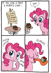 Size: 500x720 | Tagged: safe, artist:kturtle, character:pinkie pie, species:earth pony, species:pony, comic, female, hilarious in hindsight, mare, pinkie being pinkie, rubik's cube, solo, tongue out