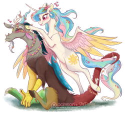 Size: 1280x1168 | Tagged: safe, artist:stepandy, character:discord, character:princess celestia, species:alicorn, species:draconequus, species:pony, ship:dislestia, blep, blushing, cloven hooves, colored wings, colored wingtips, female, floral head wreath, flower, flower in hair, male, mare, one eye closed, patreon, patreon logo, shipping, signature, sitting, spread wings, straight, tongue out, unshorn fetlocks, wings, wink