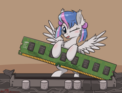 Size: 1675x1281 | Tagged: safe, artist:orang111, oc, oc only, oc:skylake, species:pegasus, species:pony, 666, assembly, computer, cpu, cpu pony, intel, intel skylake, micro, motherboard, ponified, random access memory, samsung, solo