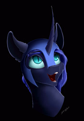 Size: 1750x2500 | Tagged: safe, artist:skitsroom, character:nightmare moon, character:princess luna, species:alicorn, species:pony, black background, bust, fangs, female, helmet, looking up, mare, open mouth, portrait, simple background, slit eyes, solo