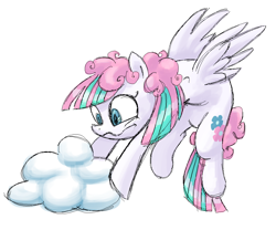 Size: 1022x849 | Tagged: safe, artist:needsmoarg4, character:blossomforth, species:pegasus, species:pony, g4, alternate hairstyle, cloud, female, flying, mare, simple background, solo, wavy mouth, white background
