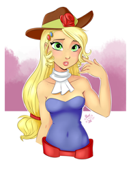 Size: 2000x2600 | Tagged: safe, artist:ponut_joe, character:applejack, episode:make up shake up, eqg summertime shorts, g4, my little pony: equestria girls, my little pony:equestria girls, applejewel, bare shoulders, beautiful, belly button, breasts, clothing, cute, dress, fall formal outfits, female, hat, lipstick, looking at you, makeup, skintight clothes, sleeveless, solo, strapless