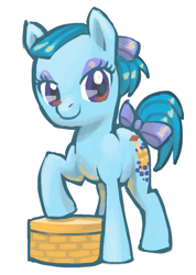 Size: 683x960 | Tagged: safe, artist:needsmoarg4, species:earth pony, species:pony, g1, basket, blueberry baskets, female, g1 to g4, generation leap, hair bow, mare, smiling, solo, tail bow