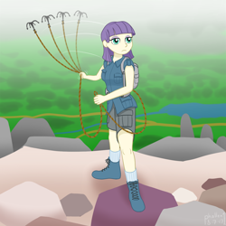 Size: 1500x1500 | Tagged: safe, artist:phallen1, character:maud pie, species:human, newbie artist training grounds, atg 2017, backpack, boots, clothing, female, grappling hook, humanized, light skin, mountain, rolled up sleeves, shoes, shorts, socks, solo