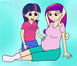 Size: 1195x1019 | Tagged: safe, artist:phallen1, character:princess cadance, character:twilight sparkle, species:human, newbie artist training grounds, air ponyville, atg 2017, best aunt ever, clothing, cute, cutedance, female, hand on belly, humanized, mama cadence, pregnant, sensibly-proportioned pregnancy, shirt, simple background, sitting, socks, t-shirt, twiabetes
