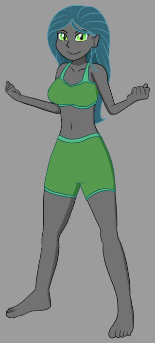 Size: 319x707 | Tagged: safe, artist:phallen1, character:princess cadance, character:queen chrysalis, species:changeling, species:human, newbie artist training grounds, animated, atg 2017, barefoot, blinking, clothing, compression shorts, disguise, disguised changeling, fake cadance, feet, female, gif, glowing horn, grey skin, humanized, solo, sports bra, transformation