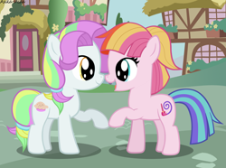 Size: 8057x5992 | Tagged: safe, artist:asika-aida, character:coconut cream, character:toola roola, species:earth pony, species:pony, episode:fame and misfortune, g4, my little pony: friendship is magic, absurd resolution, cute, female, filly, looking at each other, ponyville, roolabetes, smiling